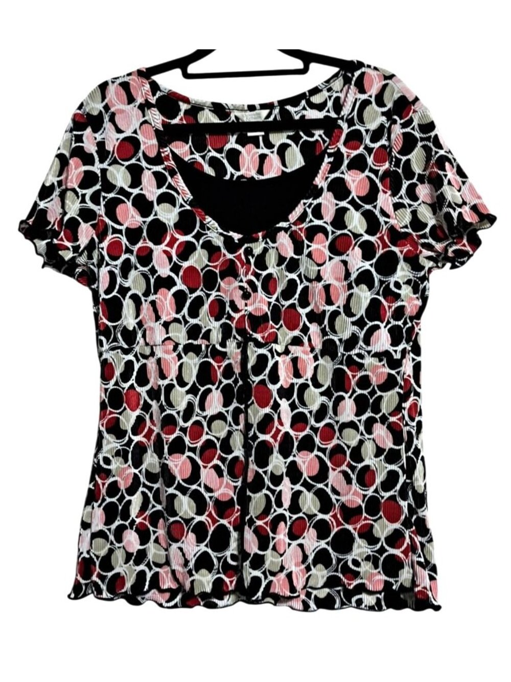 Y2K Christopher & Banks Womens Medium Circle Print Top Black Red Stretch Going O